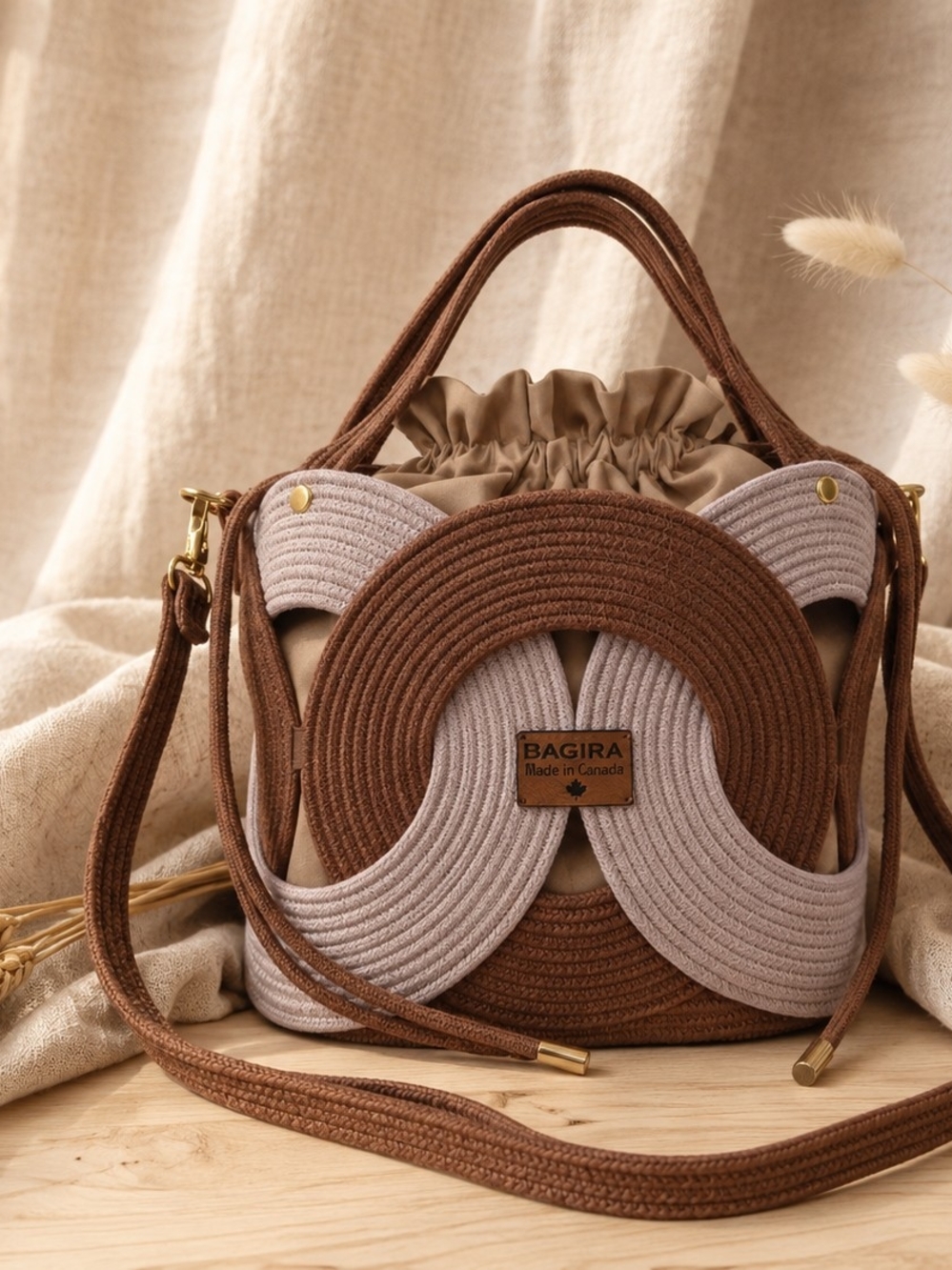 Brown & Beige Woven Circle Crossbody Tote Bag - Handmade By Me In Canada